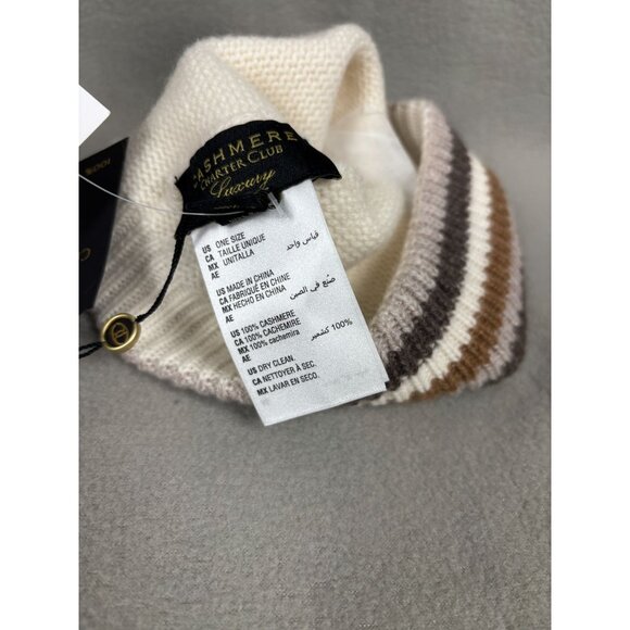 Charter Club Luxury 100% Cashmere White Beanie Hat With Striped Cuff OS NWT's - Picture 7 of 7